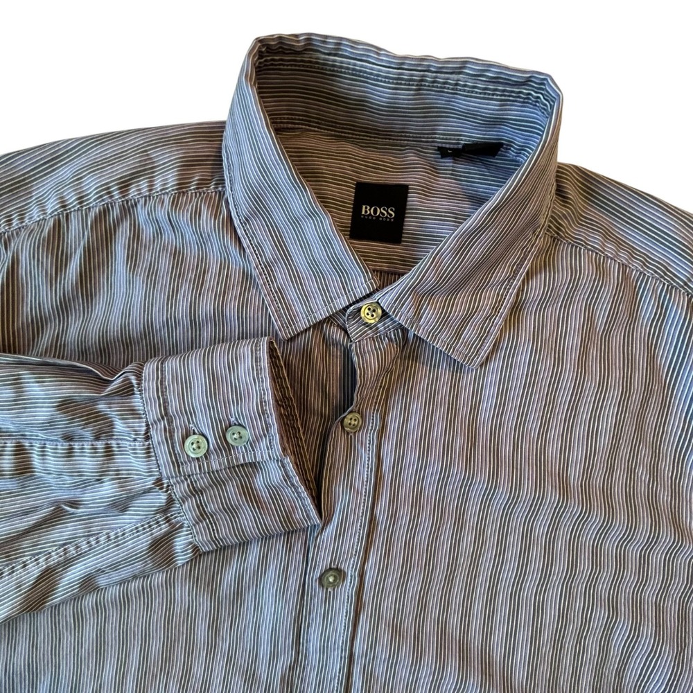 Hugo Boss Mens Large Purple Striped Long Sleeve Button Down Shirt 100% Cotton